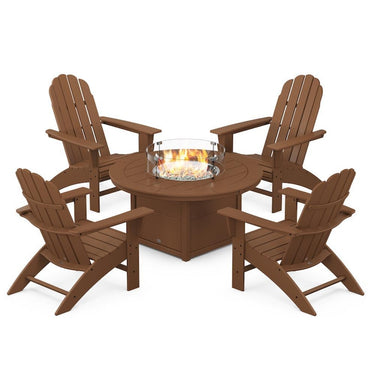 POLYWOOD Vineyard 5-Piece Curveback Adirondack Conversation Set w/ Fire Pit Table - Teak